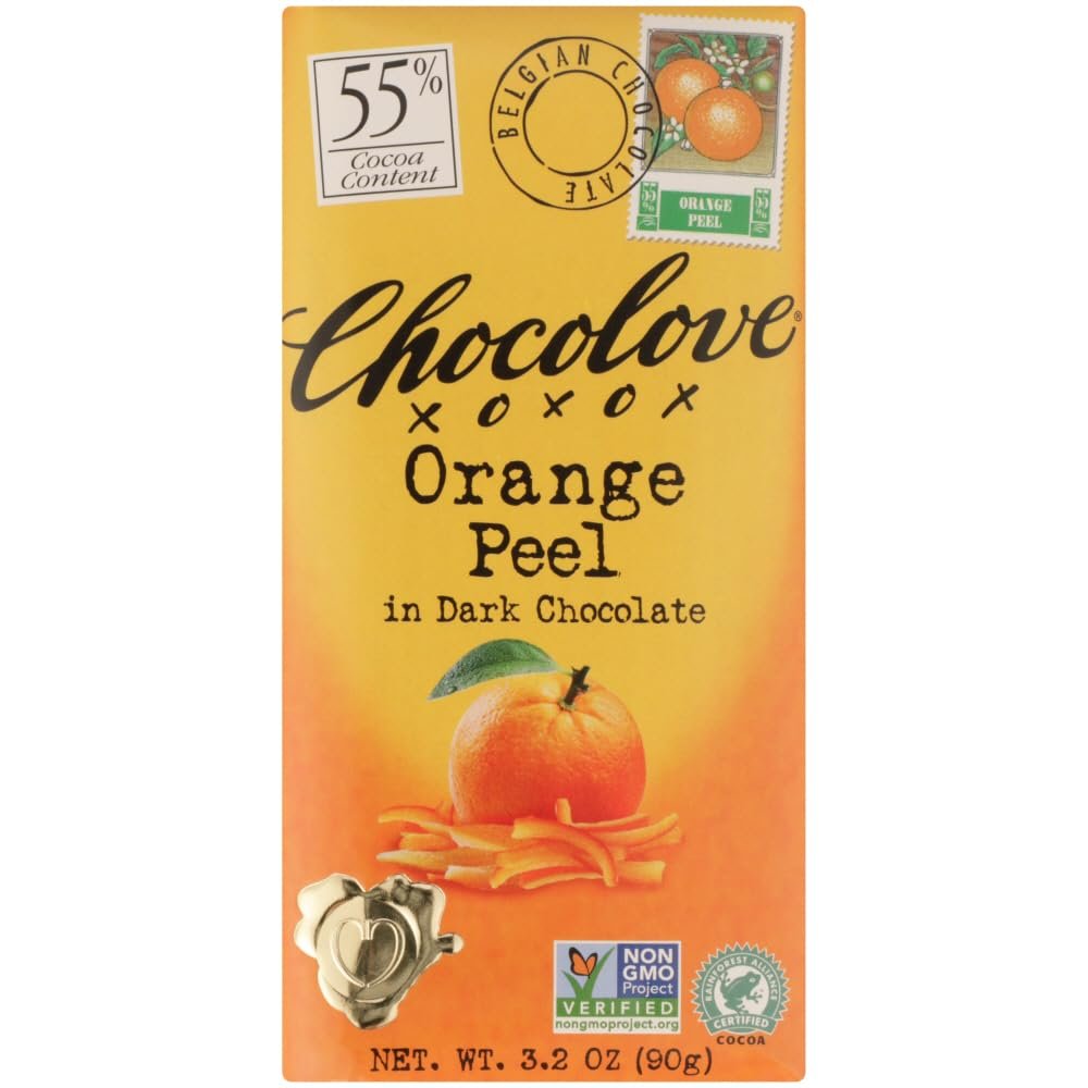 Chocolove Xoxox Premium Chocolate Bar - Dark Chocolate - Orange Peel - 3.2 oz Bars - Case of 12