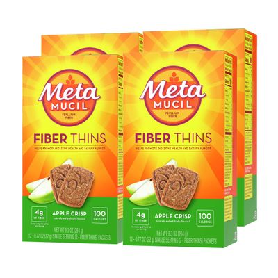 Metamucil, Fiber Thins, Daily Psyllium Husk Fiber Supplement, Supports Digestive Health and Satisfies Hunger, Apple Crisp Flavor, 48 Total Servings (4 Packs of 12)