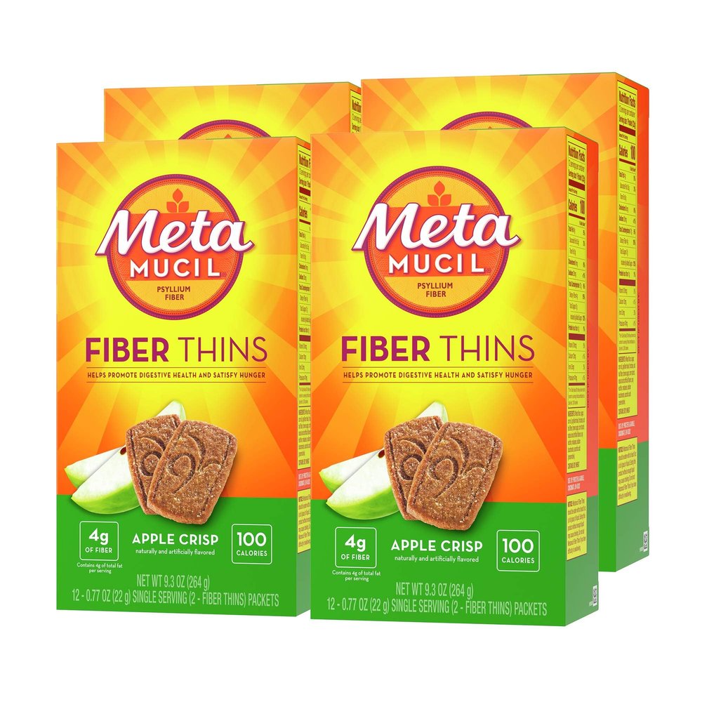 Metamucil, Fiber Thins, Daily Psyllium Husk Fiber Supplement, Supports Digestive Health and Satisfies Hunger, Apple Crisp Flavor, 48 Total Servings (4 Packs of 12)