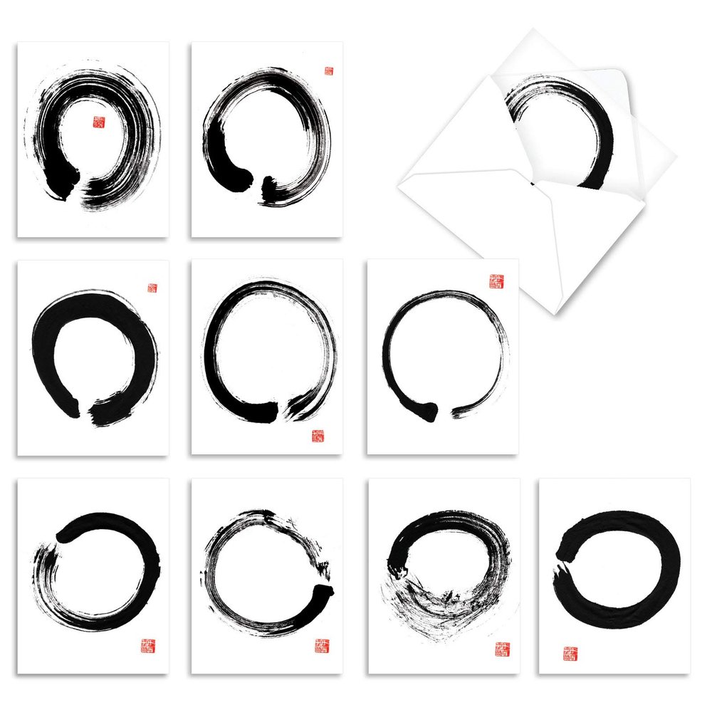 The Best Card Company - 10 Blank Note Cards Assortment for Men and Women (4 x 5.12 Inch) - Zen Patterns and Symbols, Bulk Boxed Set - Zen Circles M9683OCB