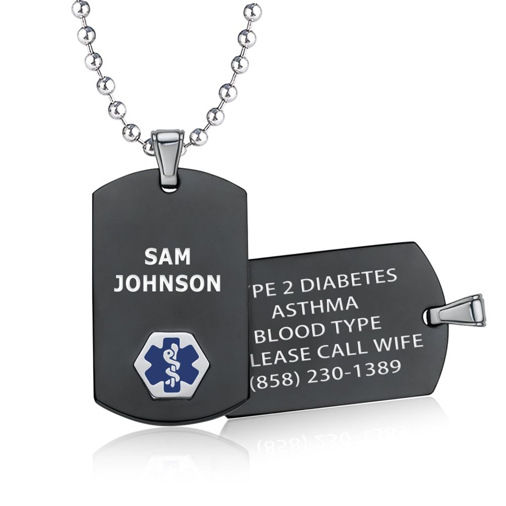 Divoti Custom Medical Alert ID Necklace for Men, Stylish Durable Rustproof Construction | Laser Engraved Chic Black & Silver Tag Pendant Jewelry 24' Ball Chain/Blue