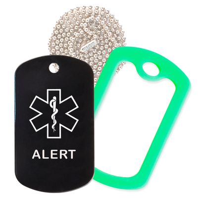 Alert Medical Alert ID Necklace with Black Tag, Green Silencer, and 30'' USA Chain - 154 Color Choices