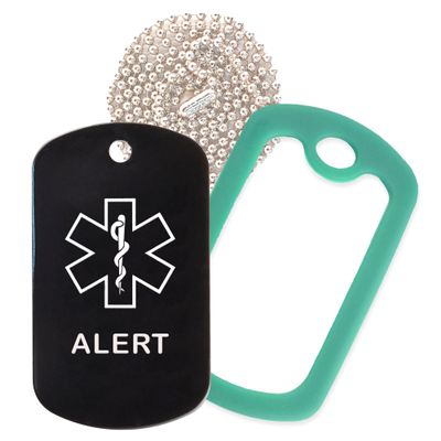 Alert Medical Alert ID Necklace with Black Tag, Green Dark Silencer, and 30'' USA Chain - 154 Color Choices