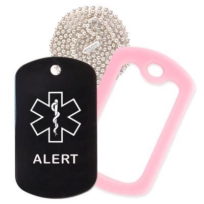 Alert Medical Alert ID Necklace with Black Tag, Pink Silencer, and 30'' USA Chain - 154 Color Choices