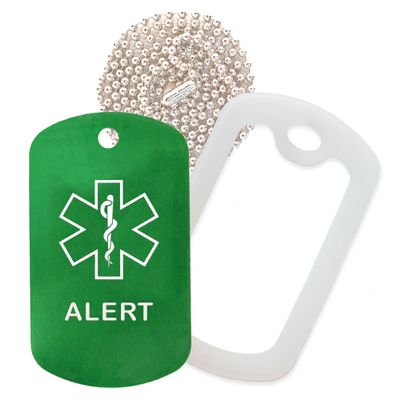 Alert Medical Alert ID Necklace with Green Tag, Clear Silencer, and 30'' USA Chain - 154 Color Choices