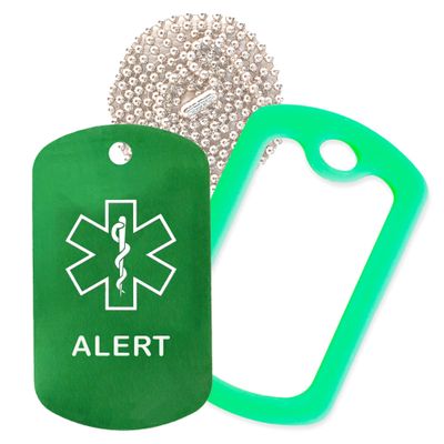 Alert Medical Alert ID Necklace with Green Tag, Green Silencer, and 30'' USA Chain - 154 Color Choices