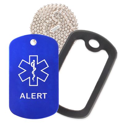 Alert Medical Alert ID Necklace with Blue Tag, Black Silencer, and 30'' USA Chain - 154 Color Choices