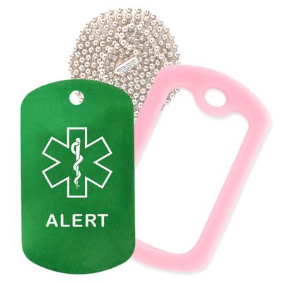 Alert Medical Alert ID Necklace with Green Tag, Pink Silencer, and 30'' USA Chain - 154 Color Choices