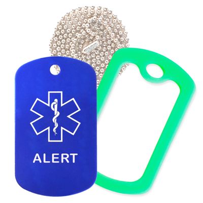 Alert Medical Alert ID Necklace with Blue Tag, Green Silencer, and 30'' USA Chain - 154 Color Choices