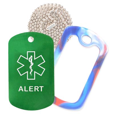Alert Medical Alert ID Necklace with Green Tag, Red/White/Blue Silencer, and 30'' USA Chain - 154 Color Choices