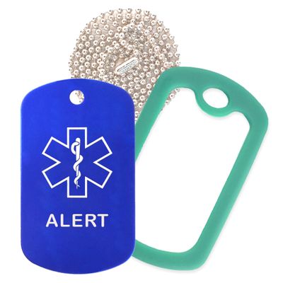 Alert Medical Alert ID Necklace with Blue Tag, Green Dark Silencer, and 30'' USA Chain - 154 Color Choices