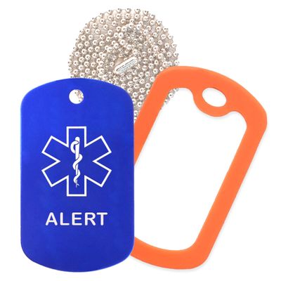Alert Medical Alert ID Necklace with Blue Tag, Orange Silencer, and 30'' USA Chain - 154 Color Choices