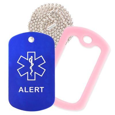 Alert Medical Alert ID Necklace with Blue Tag, Pink Silencer, and 30'' USA Chain - 154 Color Choices