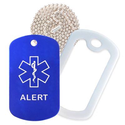 Alert Medical Alert ID Necklace with Blue Tag, White Silencer, and 30'' USA Chain - 154 Color Choices