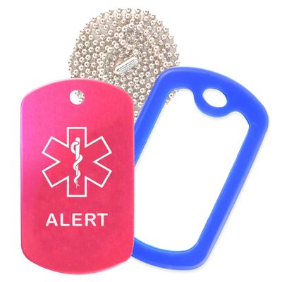 Alert Medical Alert ID Necklace with Pink Hot Tag, Blue Silencer, and 30'' USA Chain - 154 Color Choices