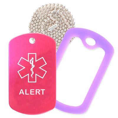 Alert Medical Alert ID Necklace with Pink Hot Tag, Purple Silencer, and 30'' USA Chain - 154 Color Choices