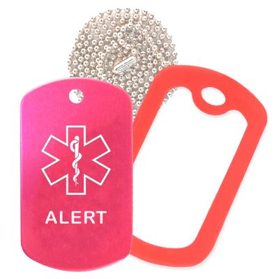 Alert Medical Alert ID Necklace with Pink Hot Tag, Red Silencer, and 30'' USA Chain - 154 Color Choices