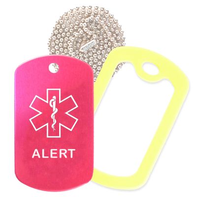 Alert Medical Alert ID Necklace with Pink Hot Tag, Yellow Silencer, and 30'' USA Chain - 154 Color Choices
