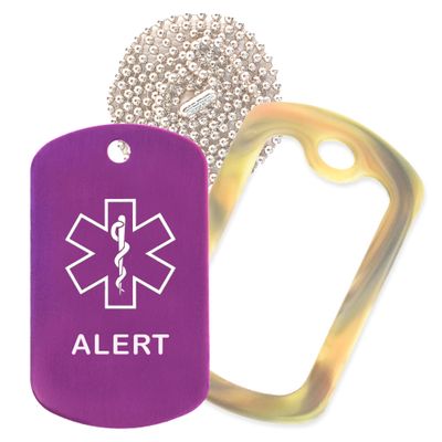Alert Medical Alert ID Necklace with Purple Tag, Camo Forest Silencer, and 30'' USA Chain - 154 Color Choices