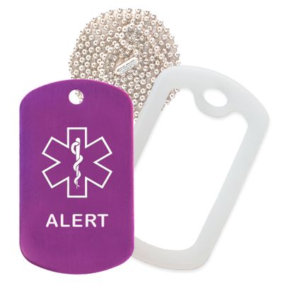 Alert Medical Alert ID Necklace with Purple Tag, Clear Silencer, and 30'' USA Chain - 154 Color Choices