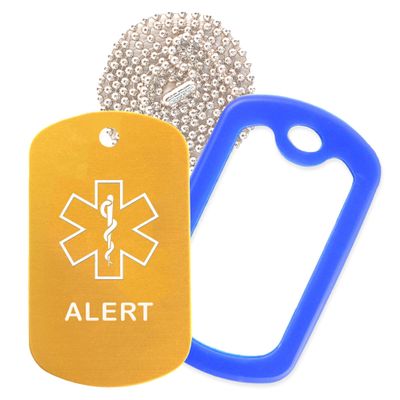 Alert Medical Alert ID Necklace with Gold Tag, Blue Silencer, and 30'' USA Chain - 154 Color Choices