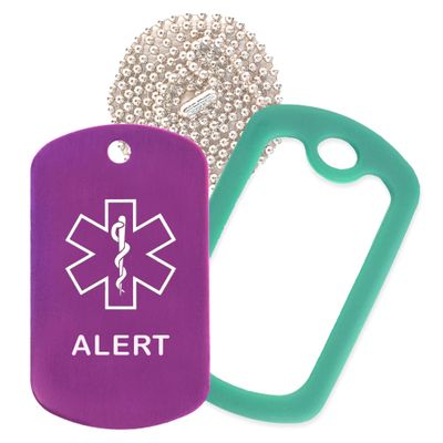 Alert Medical Alert ID Necklace with Purple Tag, Green Dark Silencer, and 30'' USA Chain - 154 Color Choices