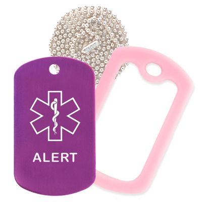 Alert Medical Alert ID Necklace with Purple Tag, Pink Silencer, and 30'' USA Chain - 154 Color Choices