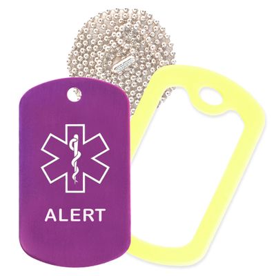 Alert Medical Alert ID Necklace with Purple Tag, Yellow Silencer, and 30'' USA Chain - 154 Color Choices