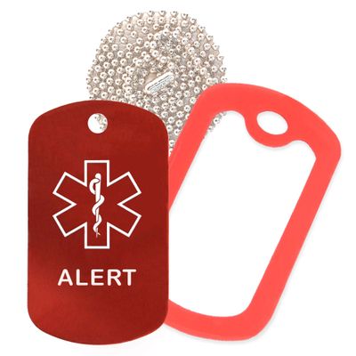 Alert Medical Alert ID Necklace with Red Tag, Red Silencer, and 30'' USA Chain - 154 Color Choices