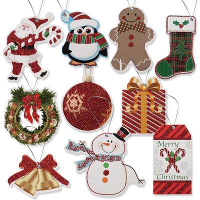 100 Count Christmas Gift Tags with Strings  Glitter Holiday Tags with Santa, Snowman, Penguin, Gingerbread, Wreath & Ornament Designs for Gift Wrapping and Holiday Parties