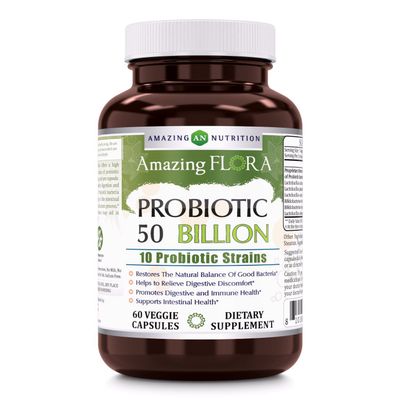 Amazing Flora Probiotic 50 Billion with 10 Best Probiotics Strains Including Acidophilus, plantarum, rhamnosus etc * Supports Digestive & Immune Health * Veggie Capsules (60 Count)