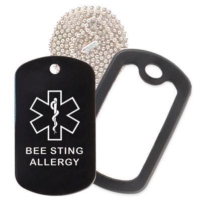 Bee Sting Allergy Medical Alert ID Necklace with Black Tag, Black Silencer, and 30'' USA Chain - 154 Color Choices