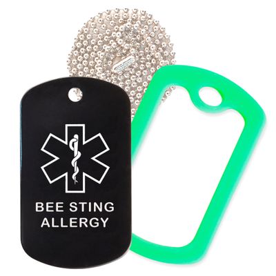 Bee Sting Allergy Medical Alert ID Necklace with Black Tag, Green Silencer, and 30'' USA Chain - 154 Color Choices