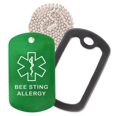 Bee Sting Allergy Medical Alert ID Necklace with Green Tag, Black Silencer, and 30'' USA Chain - 154 Color Choices