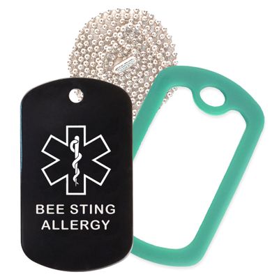 Bee Sting Allergy Medical Alert ID Necklace with Black Tag, Green Dark Silencer, and 30'' USA Chain - 154 Color Choices