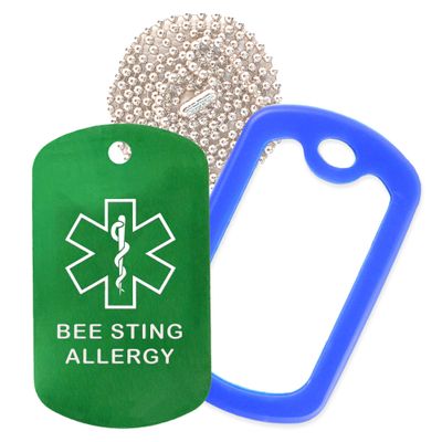 Bee Sting Allergy Medical Alert ID Necklace with Green Tag, Blue Silencer, and 30'' USA Chain - 154 Color Choices