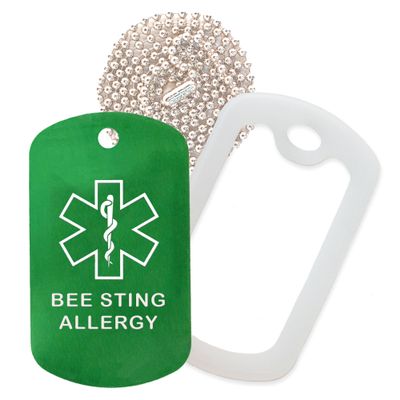 Bee Sting Allergy Medical Alert ID Necklace with Green Tag, Clear Silencer, and 30'' USA Chain - 154 Color Choices
