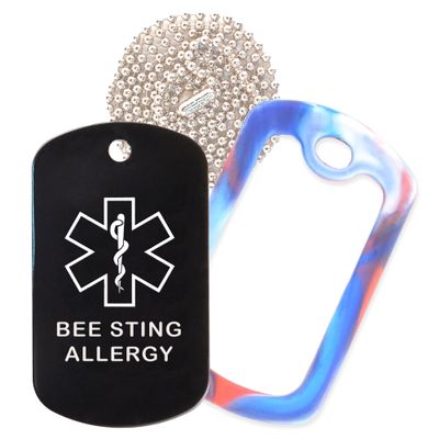 Bee Sting Allergy Medical Alert ID Necklace with Black Tag, Red/White/Blue Silencer, and 30'' USA Chain - 154 Color Choices