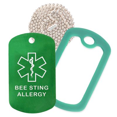 Bee Sting Allergy Medical Alert ID Necklace with Green Tag, Green Dark Silencer, and 30'' USA Chain - 154 Color Choices