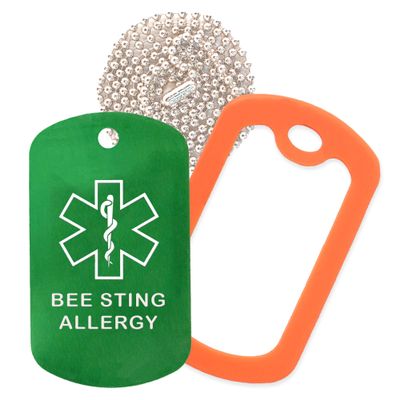 Bee Sting Allergy Medical Alert ID Necklace with Green Tag, Orange Silencer, and 30'' USA Chain - 154 Color Choices