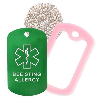 Bee Sting Allergy Medical Alert ID Necklace with Green Tag, Pink Silencer, and 30'' USA Chain - 154 Color Choices