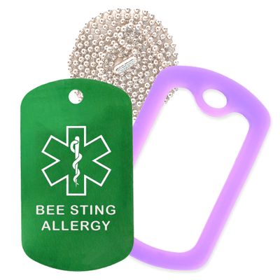 Bee Sting Allergy Medical Alert ID Necklace with Green Tag, Purple Silencer, and 30'' USA Chain - 154 Color Choices