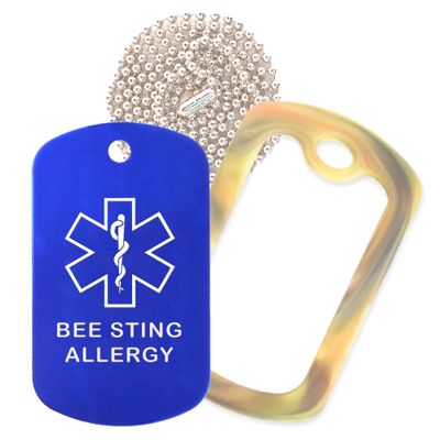 Bee Sting Allergy Medical Alert ID Necklace with Blue Tag, Camo Forest Silencer, and 30'' USA Chain - 154 Color Choices