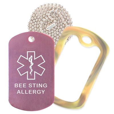 Bee Sting Allergy Medical Alert ID Necklace with Pink Tag, Camo Forest Silencer, and 30'' USA Chain - 154 Color Choices