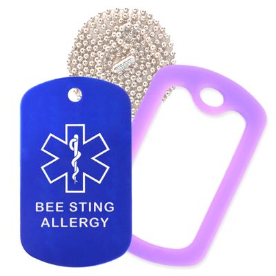 Bee Sting Allergy Medical Alert ID Necklace with Blue Tag, Purple Silencer, and 30'' USA Chain - 154 Color Choices