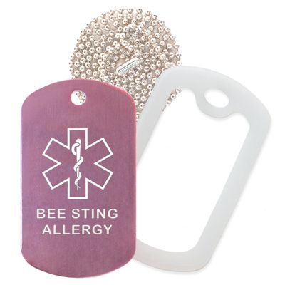 Bee Sting Allergy Medical Alert ID Necklace with Pink Tag, Clear Silencer, and 30'' USA Chain - 154 Color Choices