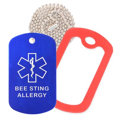 Bee Sting Allergy Medical Alert ID Necklace with Blue Tag, Red Silencer, and 30'' USA Chain - 154 Color Choices