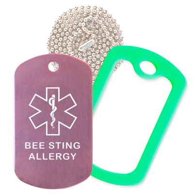 Bee Sting Allergy Medical Alert ID Necklace with Pink Tag, Green Silencer, and 30'' USA Chain - 154 Color Choices