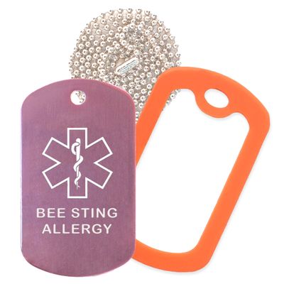 Bee Sting Allergy Medical Alert ID Necklace with Pink Tag, Orange Silencer, and 30'' USA Chain - 154 Color Choices