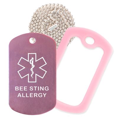 Bee Sting Allergy Medical Alert ID Necklace with Pink Tag, Pink Silencer, and 30'' USA Chain - 154 Color Choices